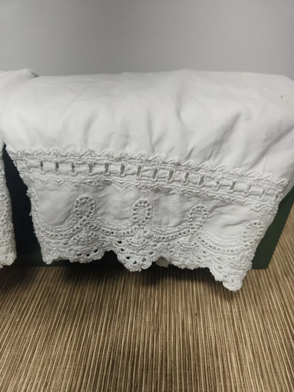 Vintage White Embroidered Lace Pillowcases Pair Heirloom Cotton Eyelet 20x28
